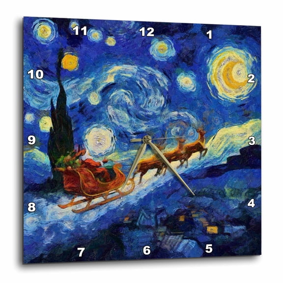 3drose, St Remy Van Gogh Starry Night St Nicholas and Sleigh, 10x10 Wall Clock