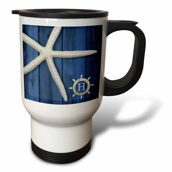 3drose, Starfish Monogram Initial H in Ships Wheel over Blue Weatherboard, 14oz Stainless Steel Travel Mug