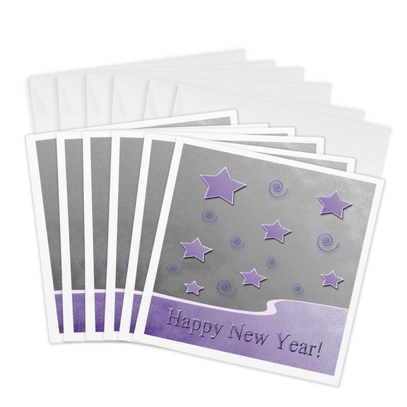 3drose, Stars and Curls, Happy New Year, Silver and Purple, 6 Greeting Cards with Envelopes