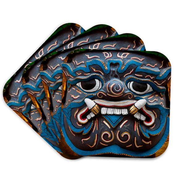 3drose, Statue Face at the Grand Palace, Bangkok, Thailand, Set of 4 Coasters - Soft