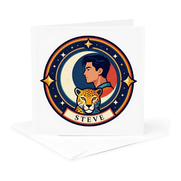 3drose, Steve Male Name, Moon, Man, and a Leopard Head. Artsy Gift for a Man, 1 Greeting Card with Envelope