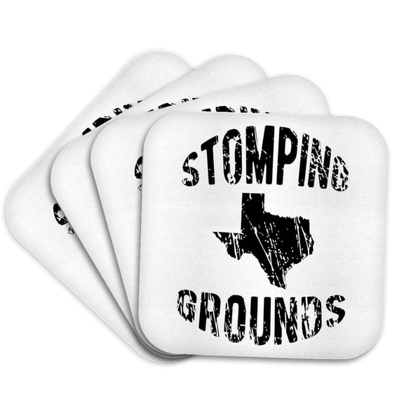 3drose, Stomping Grounds. Distressed Black Lettering and Texas on White., Set of 4 Coasters - Soft
