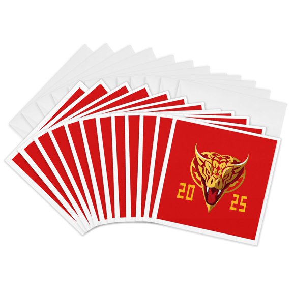 3drose, Stunning Horned Snake Head. Chinese Zodiac 2025. Red, Yellow Gift, 12 Greeting Cards with Envelopes