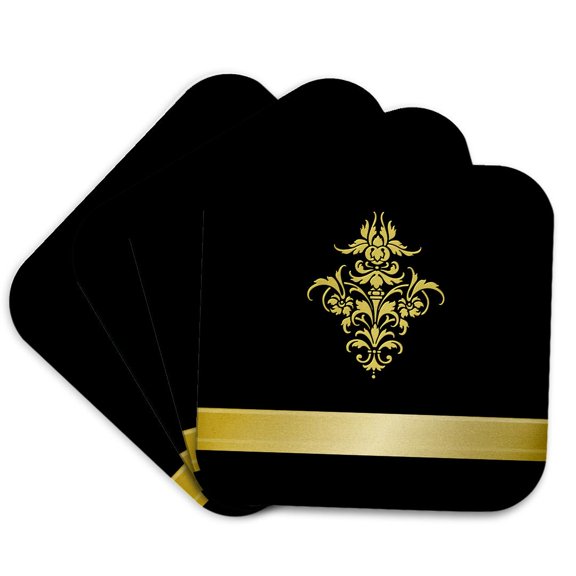 3drose, Stylish Faux Gold Effect Damask Element on Black Background, Set of 4 Coasters - Soft