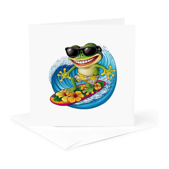 3drose, Stylish Green Frog Wave Surfer. Positive Summer Art Gift for Anyone, 1 Greeting Card with Envelope