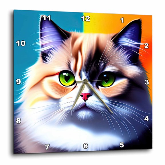 3drose, Stylish Persian Cat Face, Blue and Yellow Background. Digital Art, 15x15 Wall Clock