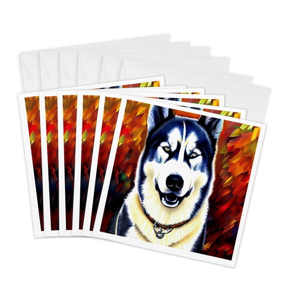 3drose, Stylish Siberian Husky Dog Portrait. Dark Red Background Digital Art, 6 Greeting Cards with Envelopes
