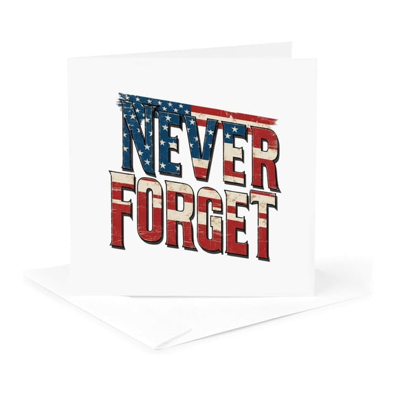 3drose, Stylish Text Never Forget Decorated with Stars, Stripes. Memorial Day, 1 Greeting Card with Envelope