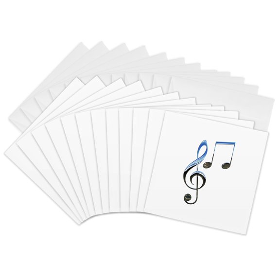 3drose, Stylized Image of Musical Treble Clef Sign and Notes on White, 12 Greeting Cards with Envelopes