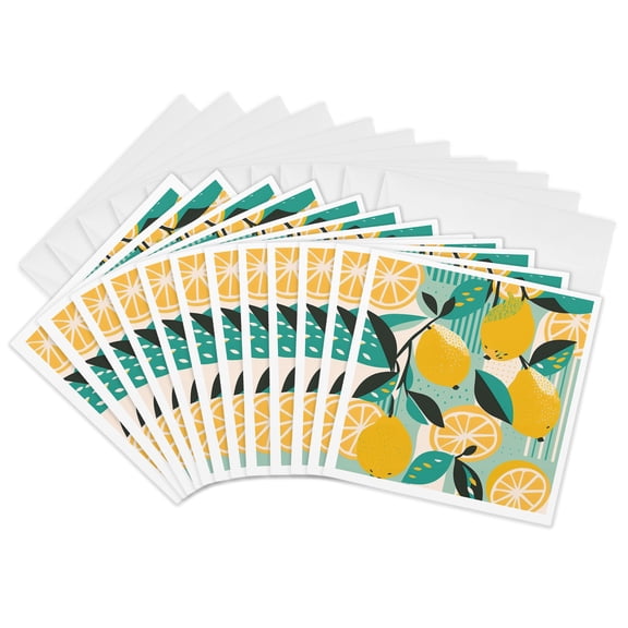 3drose, Stylized Lemons Pop in a Mid-century Modern Backdrop, 12 Greeting Cards with Envelopes