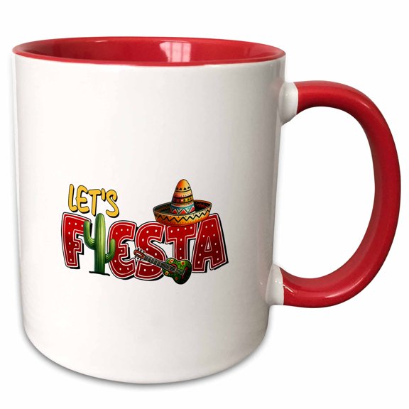 3drose, Stylized Red Text Let Us Fiesta, Sombrero, Guitar, Cactus. Cool Gift, 15oz Two-tone Red Mug