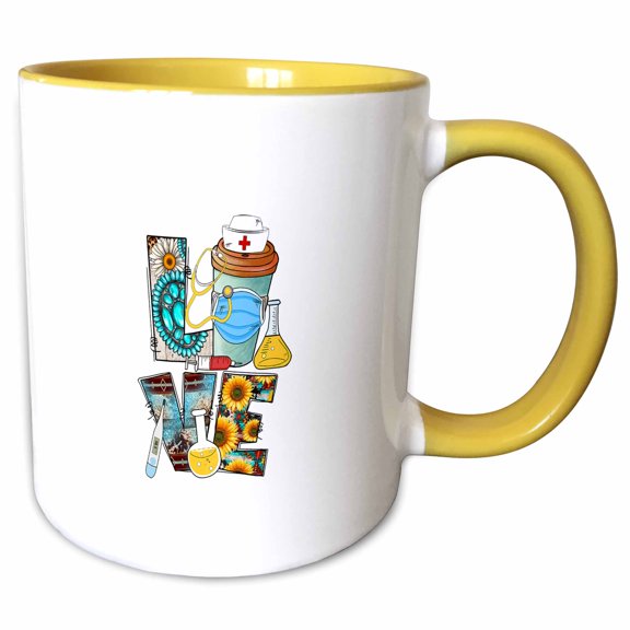 3drose, Stylized Word Love Made of Medical and Laboratory Things. Nurse Gift, 11oz Two-tone Yellow Mug