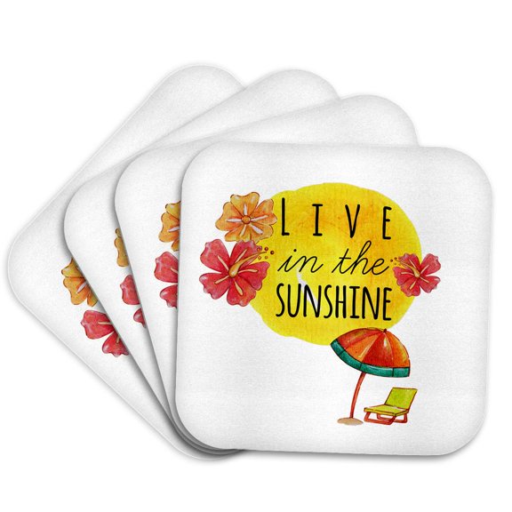 3drose, Summer Aloha Beach Flower Illustration Typography-live in the Sunshine, Set of 4 Coasters - Soft