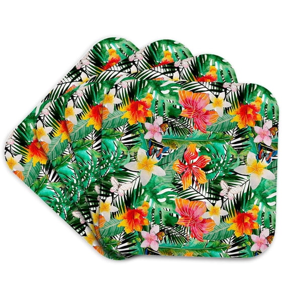 3drose, Summer Fun Tropical Watercolor Hibiscus and Palm Leaves Pattern, Set of 4 Coasters - Soft