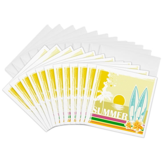 3drose, Summer Scene with a Beach and Surfboards, 12 Greeting Cards with Envelopes