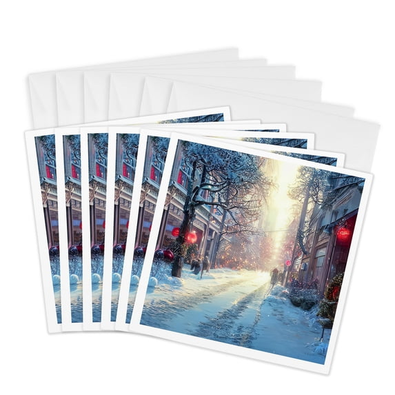 3drose, Sunny Christmas Morning in a Fairy City. Snow, Decorations. Fun, Joy, 6 Greeting Cards with Envelopes