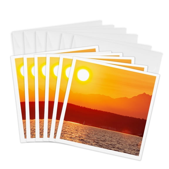 3drose, Sunset over Puget Sound, Seattle, Washington State. Brother Peak., 6 Greeting Cards with Envelopes