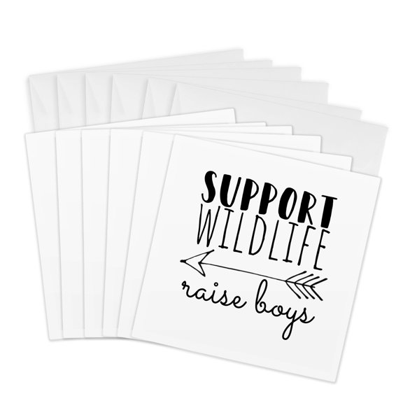 3drose, Support Wildlife Raise Boys. Black Lettering on White Background., 6 Greeting Cards with Envelopes