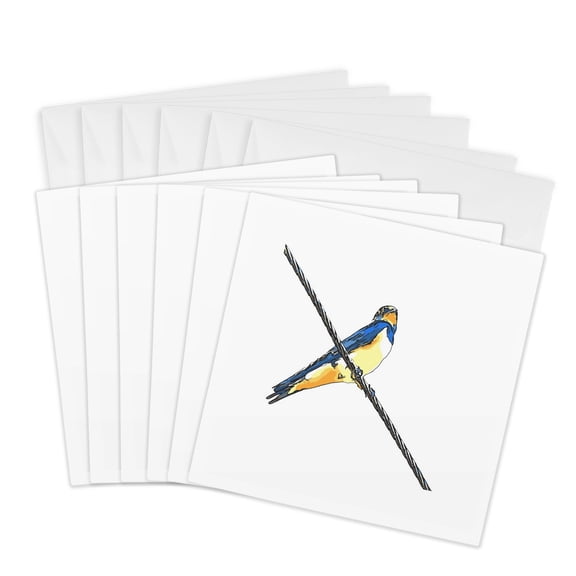 3drose, Swallow Bird on a Wire Black Outline Art Cut Out, 6 Greeting Cards with Envelopes
