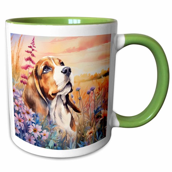 3drose, Sweet Beagle Dog Surrounded by Colorful Wildflowers in a Meadow, 11oz Two-tone Green Mug