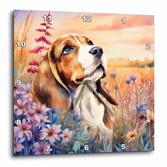 3drose, Sweet Beagle Dog Surrounded by Colorful Wildflowers in a Meadow, 15x15 Wall Clock
