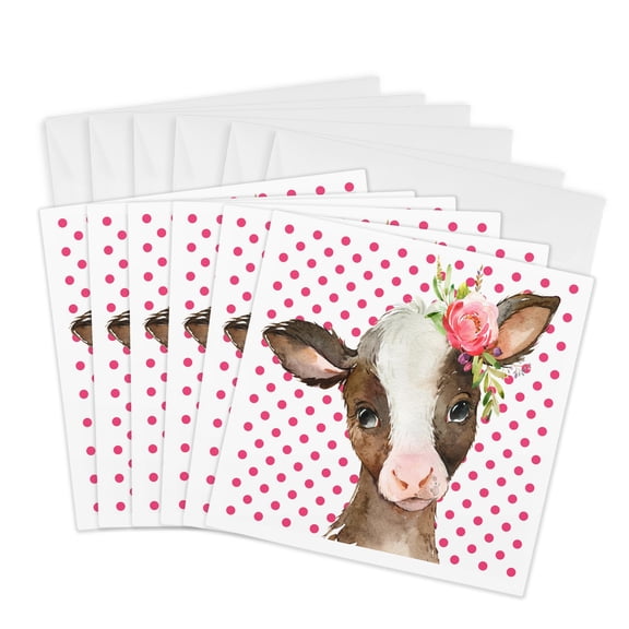 3drose, Sweet Image of Watercolor Calf on Polka Dots, 6 Greeting Cards with Envelopes