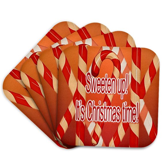 3drose, Sweeten up Its Christmas Time Festive Candy Cane Greeting, Set of 4 Coasters - Soft