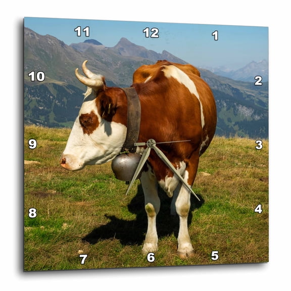 3drose, Switzerland, Bern Canton, Mannlichen Area, Swiss Cow in Alpine Setting, 15x15 Wall Clock