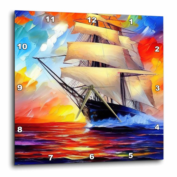 3drose, Tall Ship Digital Art. Tea Clipper Ship at Color Sunset. Trade Wind, 15x15 Wall Clock