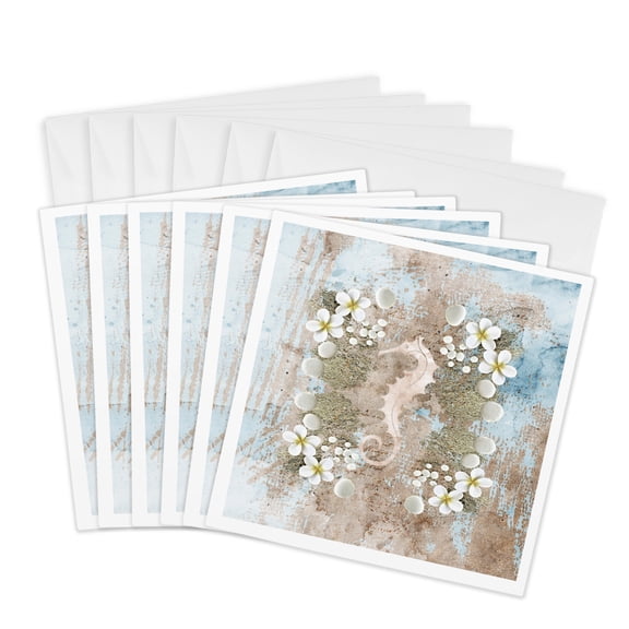 3drose, Tan Seahorse on Abstract Sand, Flowers, and Bubbles Background, Blue, 6 Greeting Cards with Envelopes