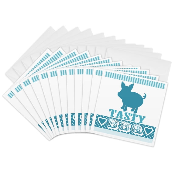 3drose, Tasty Bbq - Cute Blue Pig Barbecue Design, 12 Greeting Cards with Envelopes