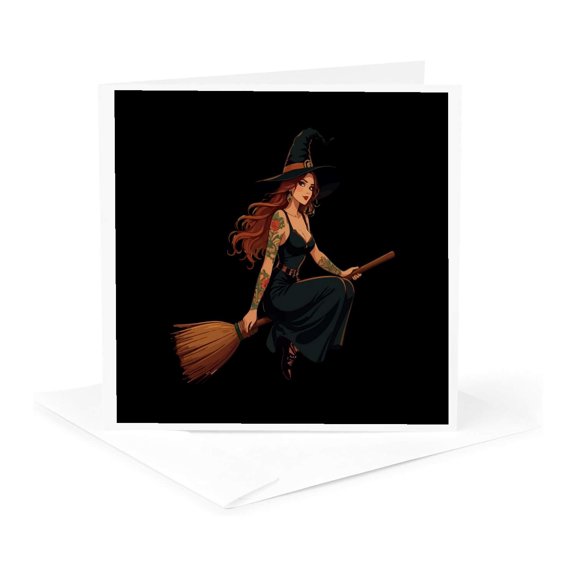 3drose, Tatted Witch Sat Astride a Besom Vector Art, 1 Greeting Card with Envelope