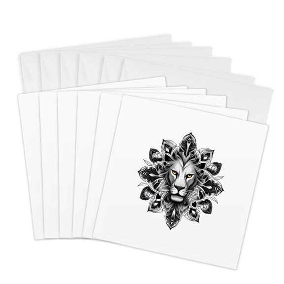 3drose, Tattoo Style Lion Head with French Lily Flower Surround, 6 Greeting Cards with Envelopes