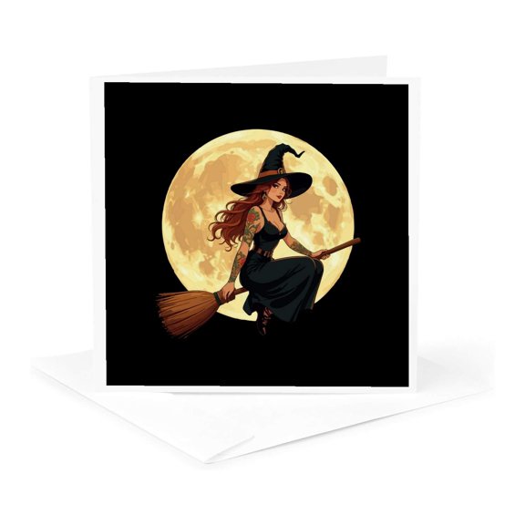 3drose, Tattooed Witch Sat Astride a Besom Vector Art, 1 Greeting Card with Envelope