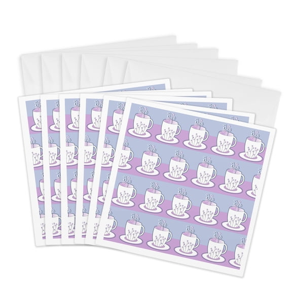 3drose, Tea Lover Gift - Cute Tea Cups Print - Light Blue and Purple, 6 Greeting Cards with Envelopes