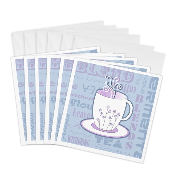 3drose, Tea Lover Gift - Tea Words Print - Light Blue, 6 Greeting Cards with Envelopes