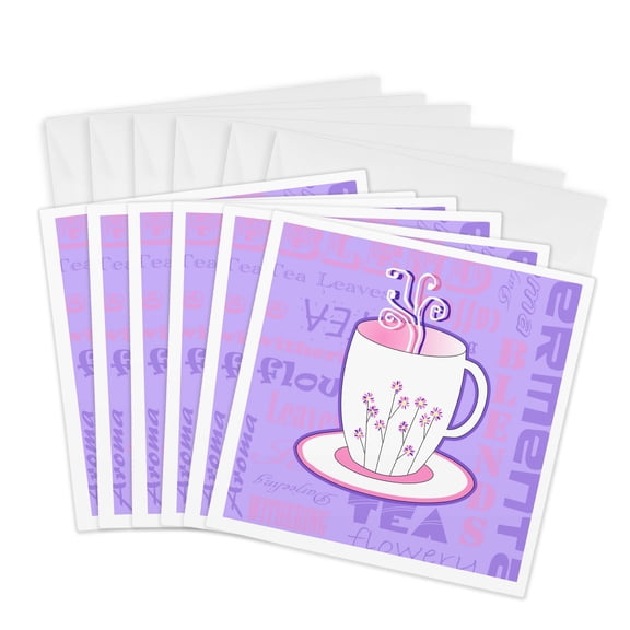 3drose, Tea Lover Gift - Tea Words Print - Purple, 6 Greeting Cards with Envelopes