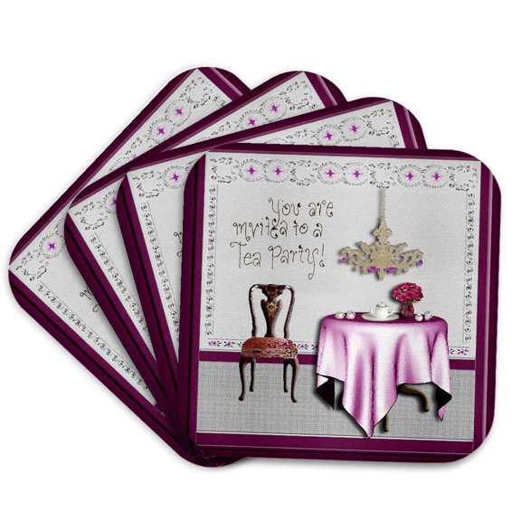 3drose, Tea Party Invitation Tea Party Room Pink, Set of 4 Coasters - Cork