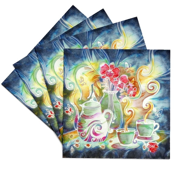 3drose, Tea Time Teapot and Teacups and Lovely Flowers Digital Art, Set of 4 Ceramic Tile Coasters