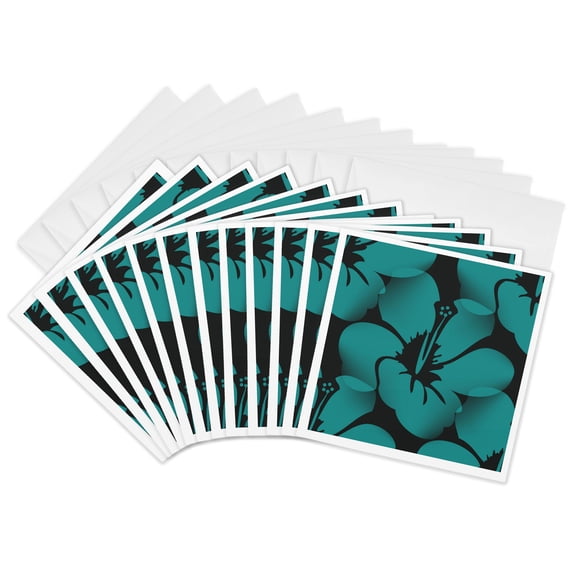 3drose, Teal Blue Tropical Hibiscus Flowers - Floral Art - Hawaiian, 12 Greeting Cards with Envelopes