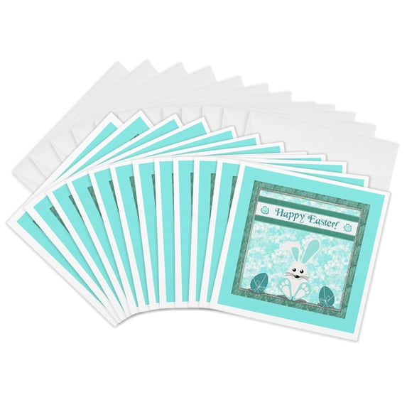 3drose, Teal Green Bunny, Big Feet and Eggs, Flower Background, Happy Easter, 12 Greeting Cards with Envelopes