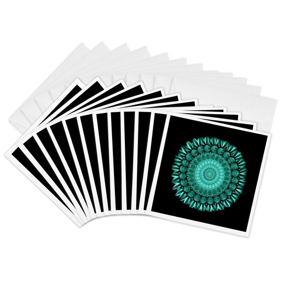 3drose, Teal Green Floral Mandala on Black Background, 12 Greeting Cards with Envelopes