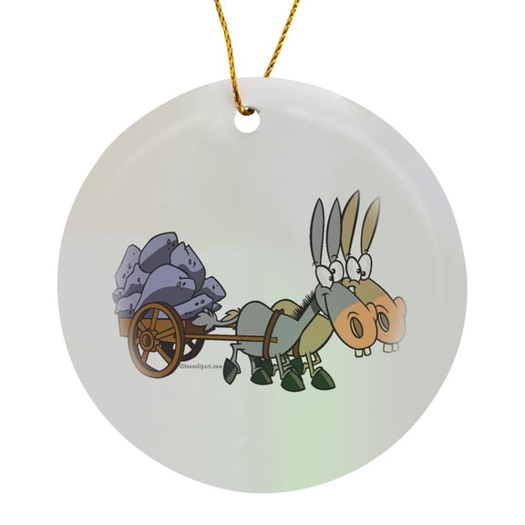 3drose, Teamwork Donkeys Mules Cartoon, Circle Porcelain Ornament