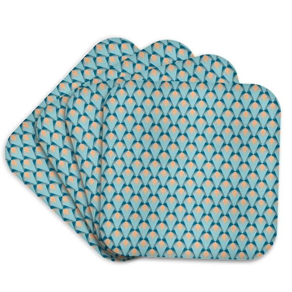 3drose, Tessellation of Geometric Shapes Art Deco Scales Peach Blue, Set of 4 Coasters - Soft