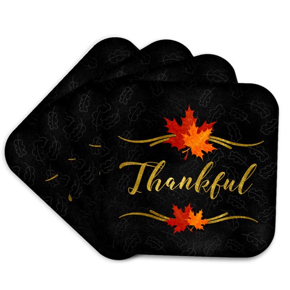 3drose, Thankful Typography Faux Gold Leaf and Chalkboard Fall Theme, Set of 4 Coasters - Soft