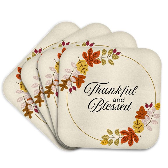 3drose, Thankful and Blessed - Thanksgiving Day, Set of 4 Coasters - Cork