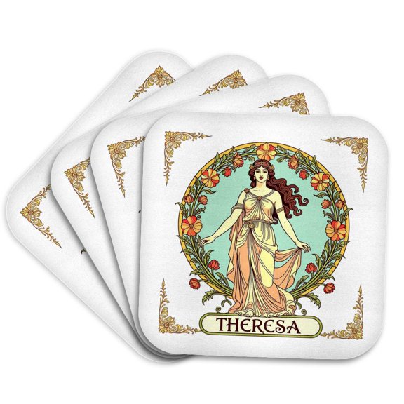 3drose, Theresa Female Name and a Classical Goddess. Personal Gift for Woman, Set of 4 Coasters - Soft