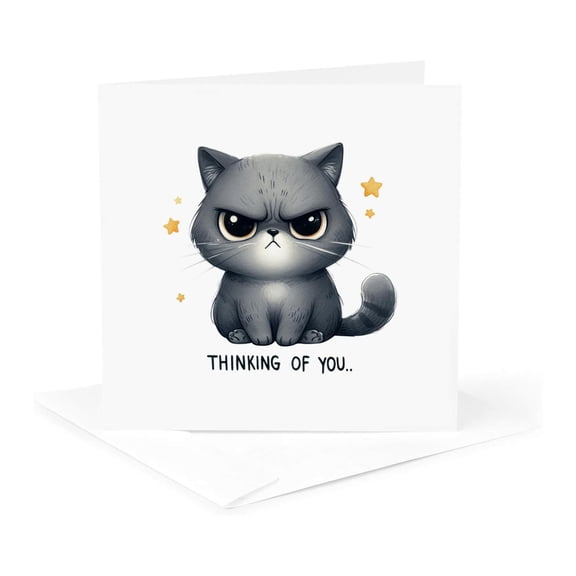 3drose, Thinking of You Text and an Image of an Angry Gray Cat, Funny Gift, 1 Greeting Card with Envelope