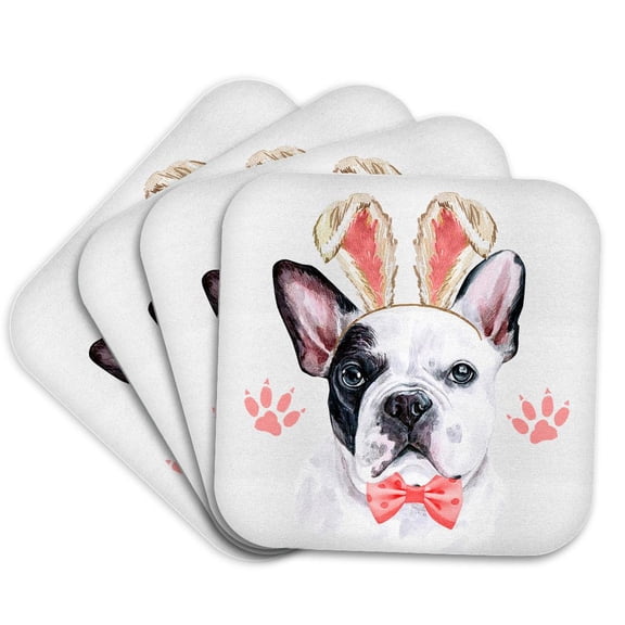 3drose, This Sweet Black and White Frenchie Dog in Bunny Ears Loves Easter, Set of 4 Coasters - Cork