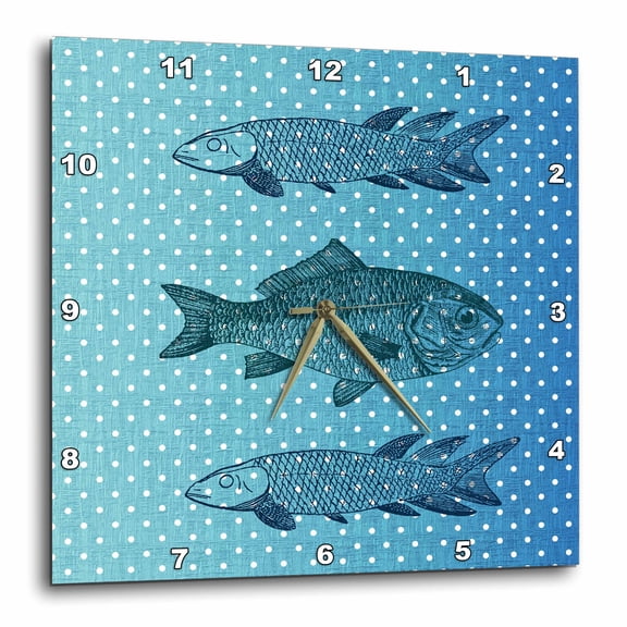 3drose, Three Blue Fish Polka Dots Beach Themed Art, 15x15 Wall Clock